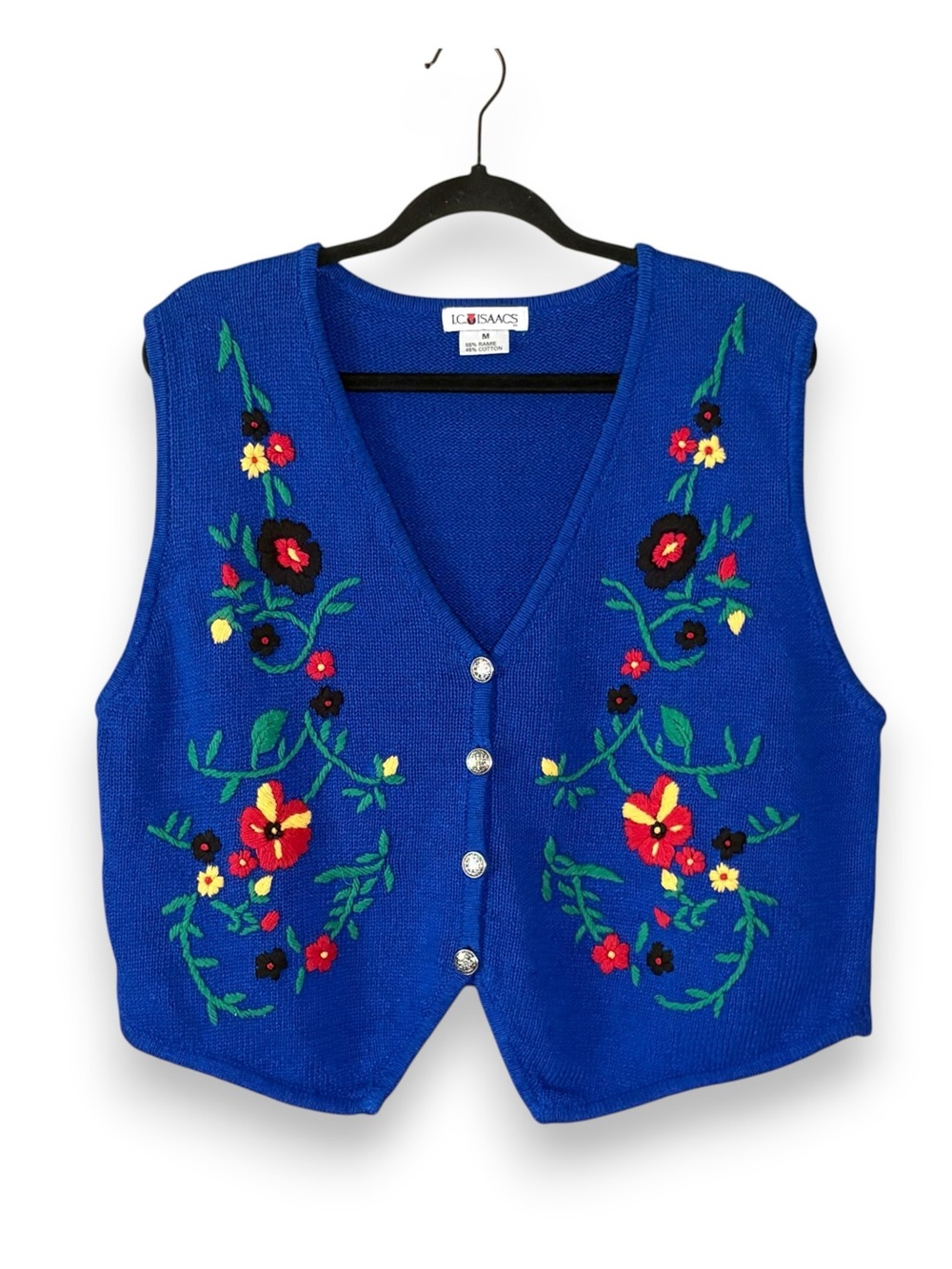 I.C. Isaacs Blue Knit Floral Embroidered Vest Size Medium Cottage Grandpa Boho